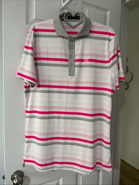 G/FORE Pink, Gray and White Striped Polo